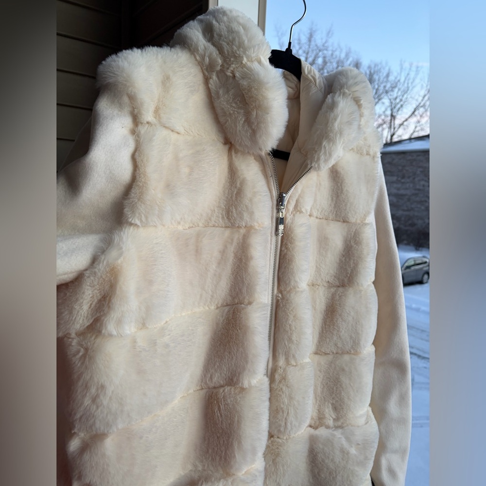 🆕❄️Sam Edelman Reversible Faux Fur Hooded Outwear Wool Coat Cream Jacket XL - Picture 8 of 17